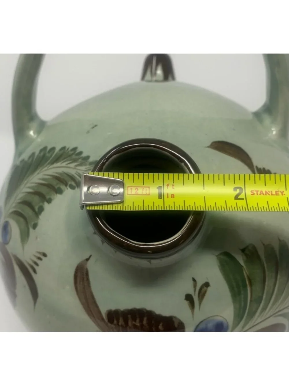 Vintage Noe Suro Tonala Teapot Floral Blue Bird Folk Art Mexico Signed 8x6